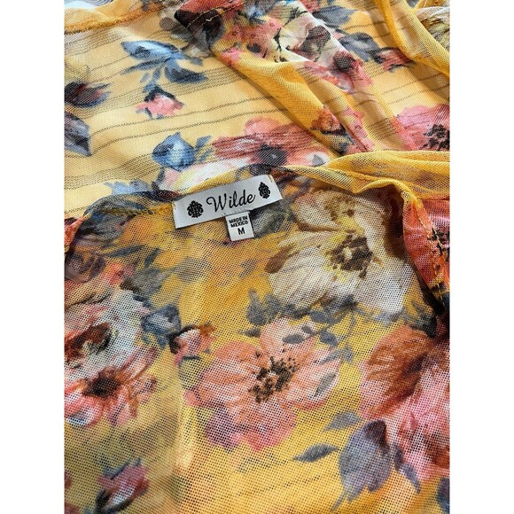 Wilde Yellow Floral Sheer 3/4 Sleeve Cardigan Size Medium - Picture 6 of 7